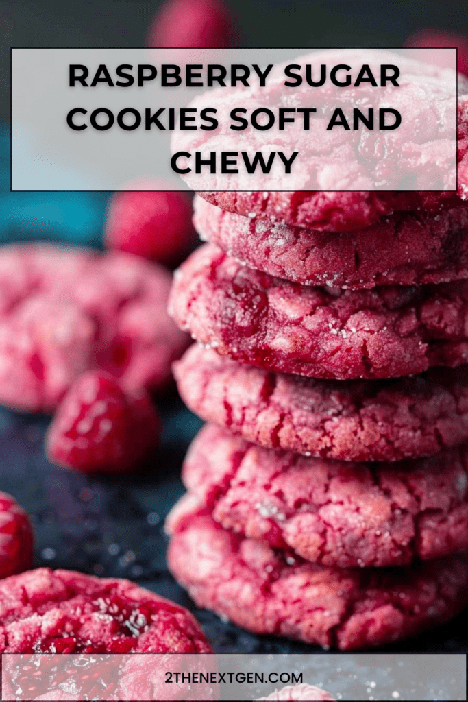 Soft raspberry sugar cookies with vibrant pink color, slightly crinkled tops, chewy centers, and visible raspberry pieces baked to a light golden edge.