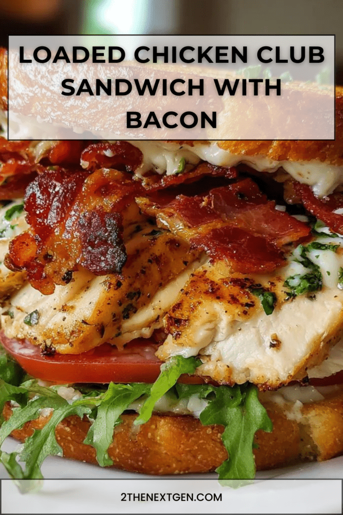 Stacked loaded chicken club sandwich with grilled sliced chicken breast, crispy bacon, tomato slices, fresh greens, and garlic herb mayonnaise on golden toasted sourdough bread.