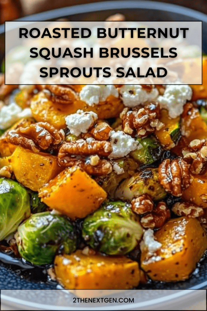 Warm roasted butternut squash and Brussels sprouts salad topped with toasted pecans, crumbled goat cheese, and maple balsamic glaze in a large serving bowl.