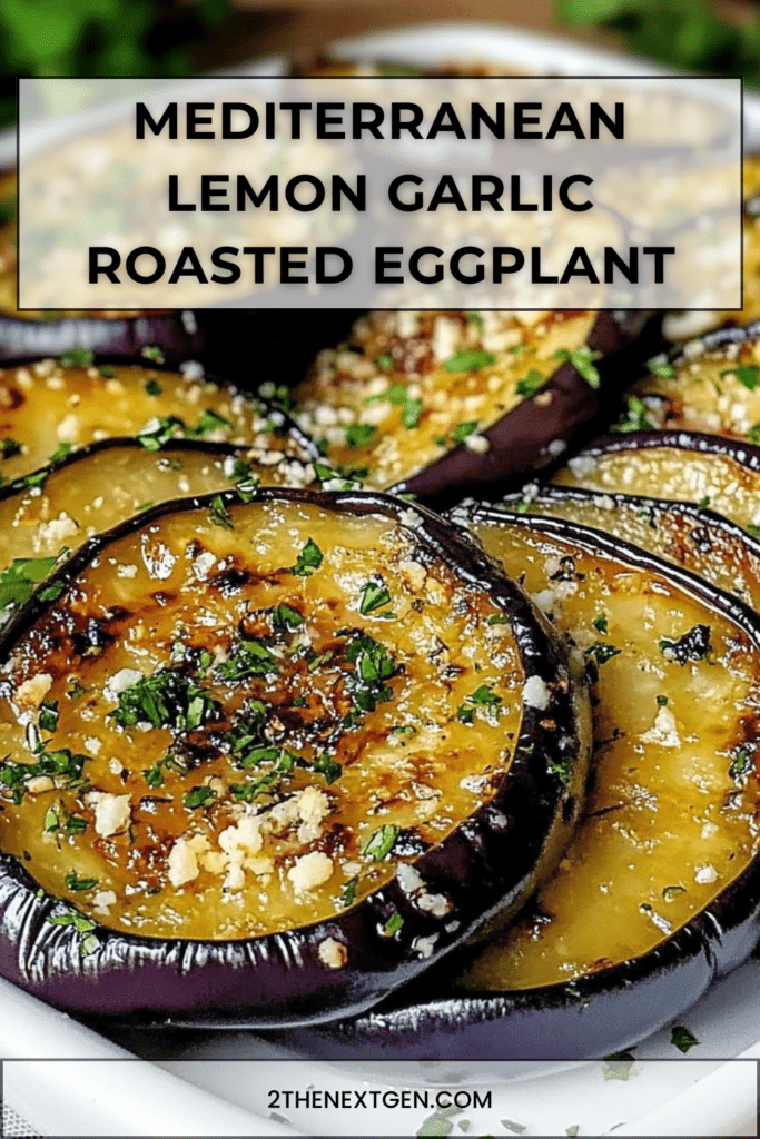 Mediterranean Golden roasted eggplant rounds brushed with lemon garlic olive oil, garnished with fresh parsley and served on a rustic platter.