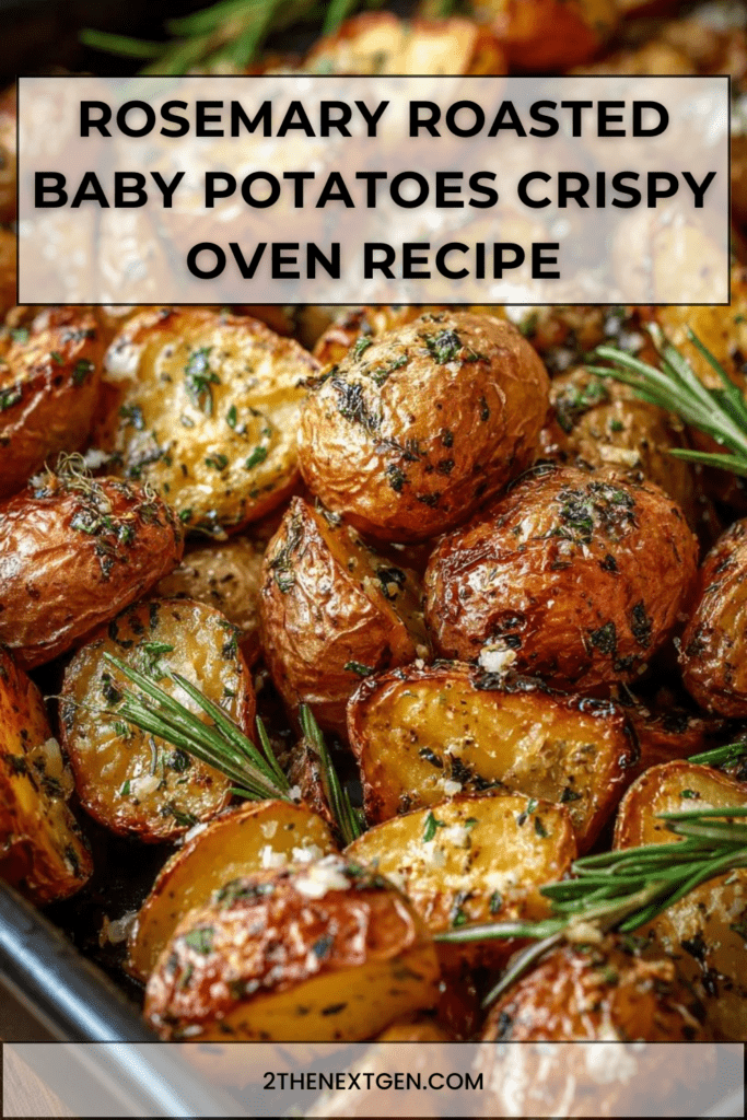 Golden rosemary roasted baby potatoes with crispy edges, minced garlic, fresh herbs, and a light sprinkle of Parmesan cheese on a baking tray.