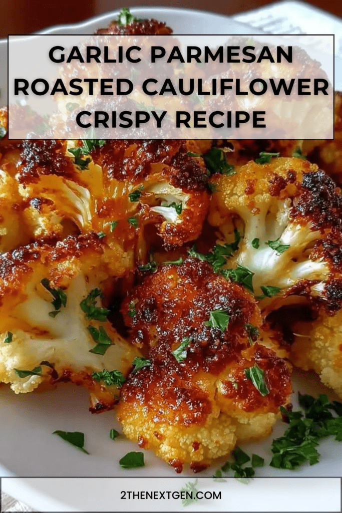 Garlic Parmesan roasted cauliflower florets coated in garlic butter and olive oil, topped with melted Parmesan cheese and fresh parsley garnish.