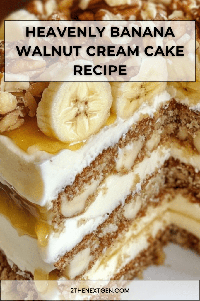 Layered banana walnut cream cake with cream cheese frosting, fresh banana slices, and toasted walnuts on top of a moist sponge.