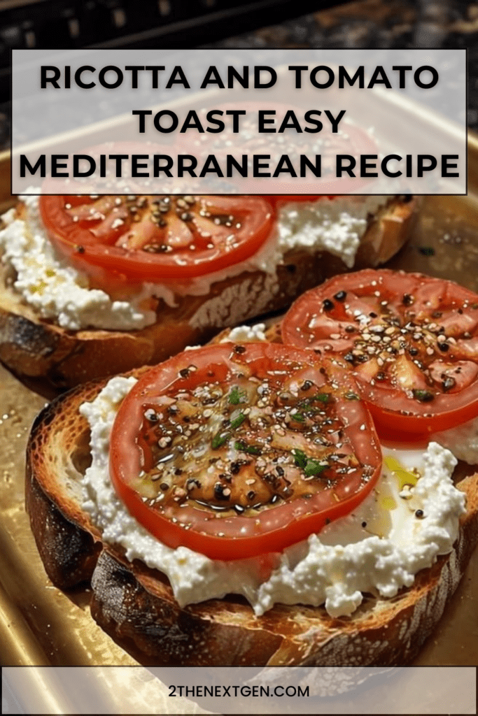 Crispy sourdough toast topped with whipped ricotta cheese, fresh tomato slices, olive oil drizzle, cracked black pepper, and basil leaves. Ricotta and tomato toast.