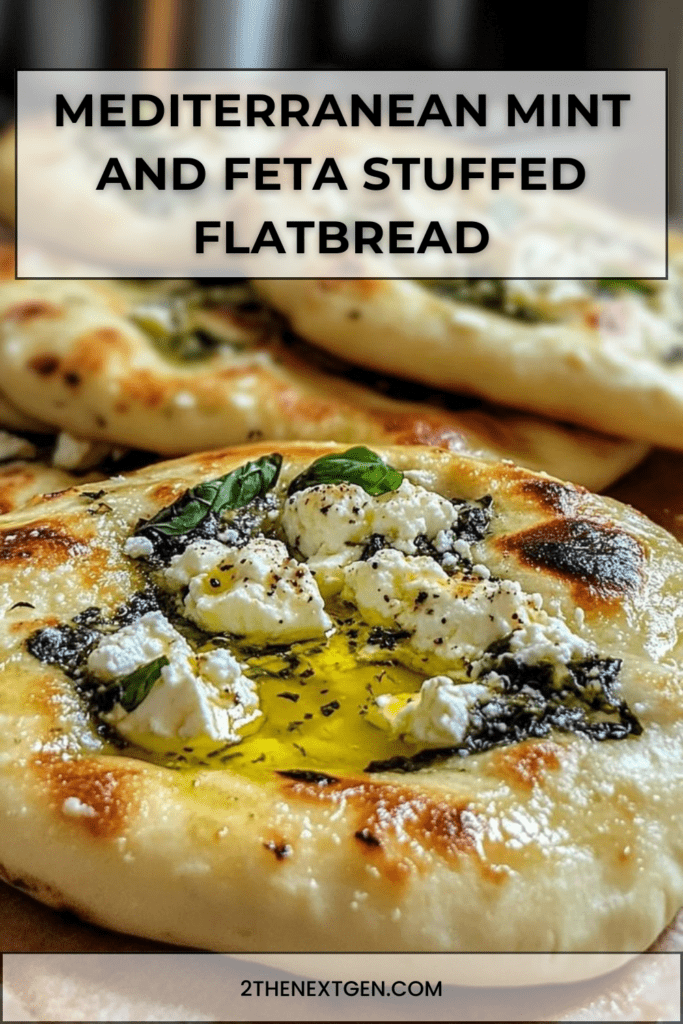 Mediterranean Golden pan-fried stuffed flatbread filled with feta, fresh mint, and spinach, brushed with olive oil and garnished with herbs.