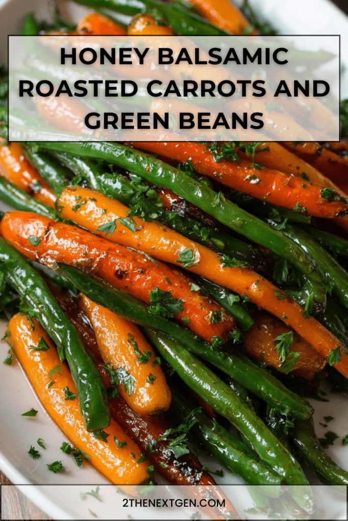 Roasted carrots and green beans glazed with honey balsamic sauce, lightly caramelized and garnished with fresh parsley on a serving platter.