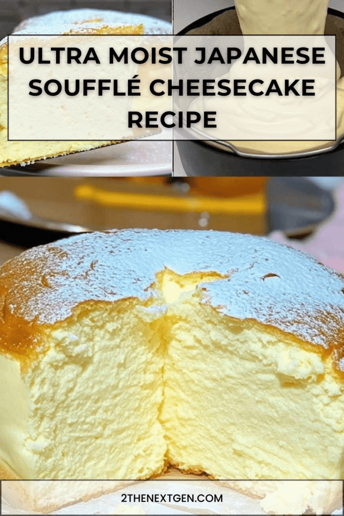 Ultra moist Japanese soufflé cheesecake dusted with icing sugar, tall and airy with a soft golden top and delicate, cloud-like interior texture on a white cake stand.