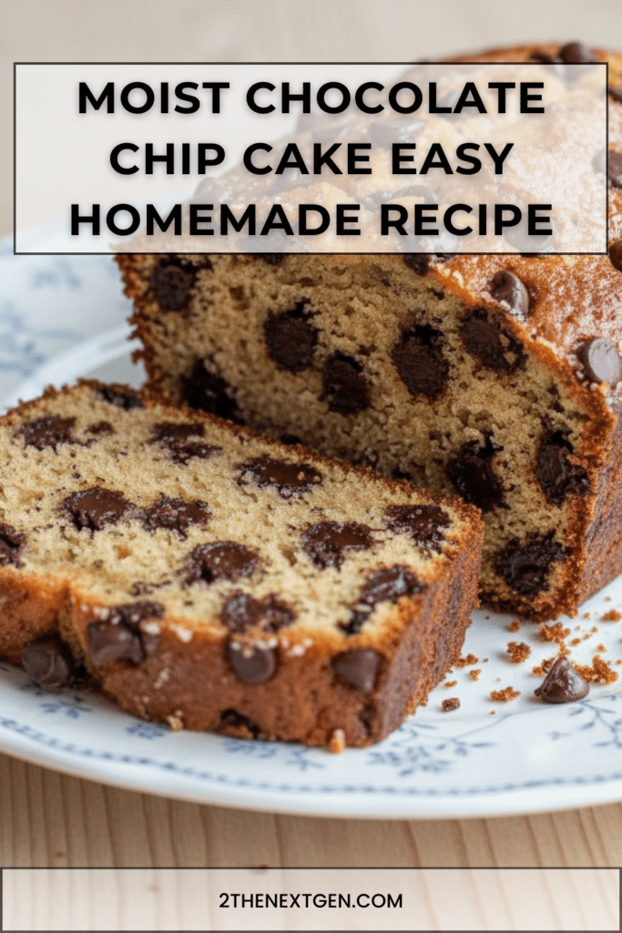 Moist chocolate chip cake sliced on a wooden board, soft golden crumb filled with melted chocolate chips and slightly crisp top surface.