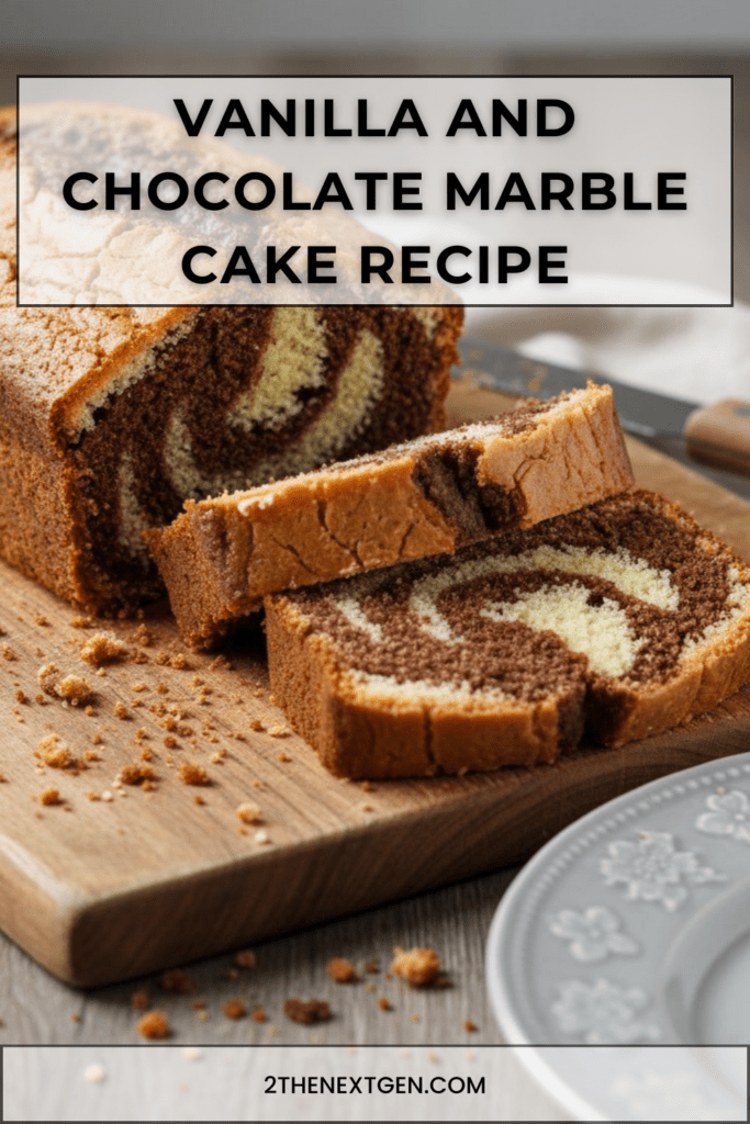 Slice of vanilla and chocolate marble cake showing distinct swirls of light vanilla and dark cocoa batter with soft, moist crumb and golden crust.