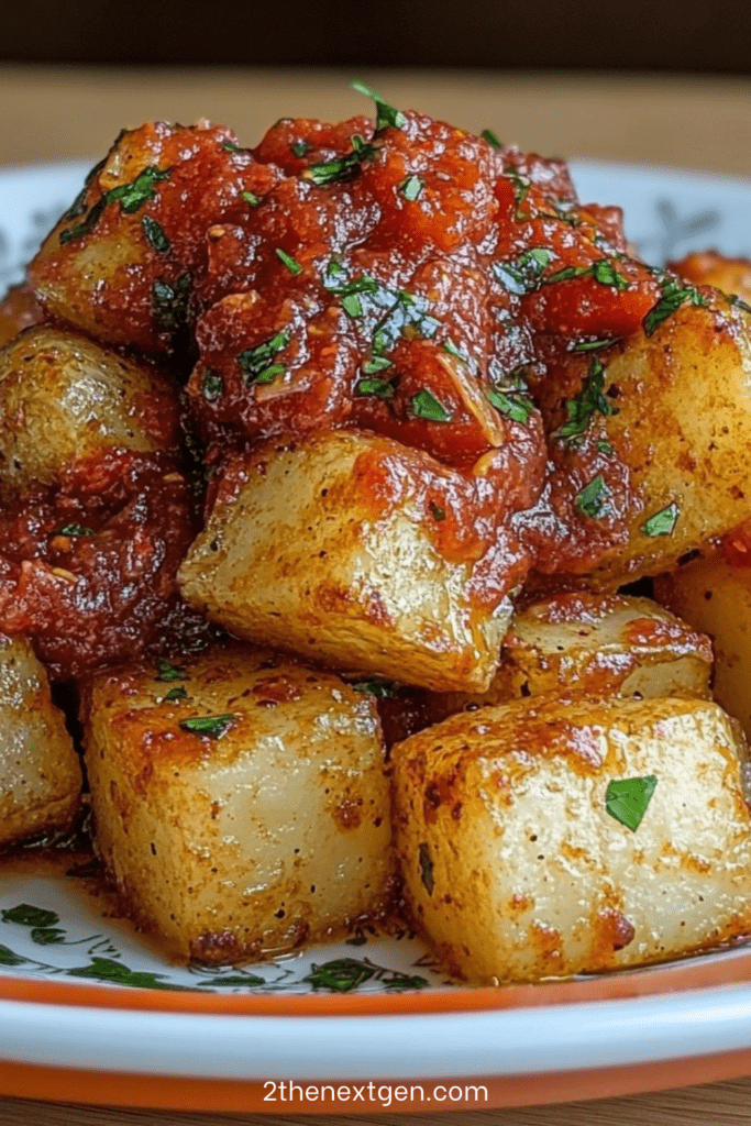 Patatas bravas served on a plate with golden crispy potato cubes topped with spicy tomato brava sauce and fresh parsley, Spanish tapas style presentation