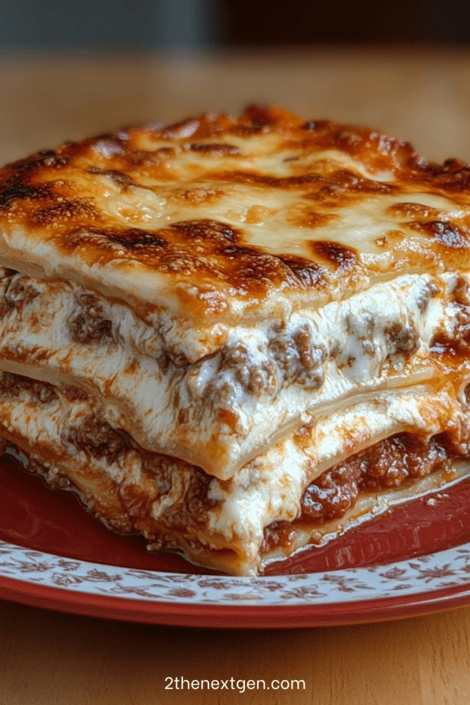 Baked beef lasagna with golden melted mozzarella and parmesan topping, visible layers of pasta sheets, rich tomato meat sauce and creamy béchamel in a ceramic baking dish