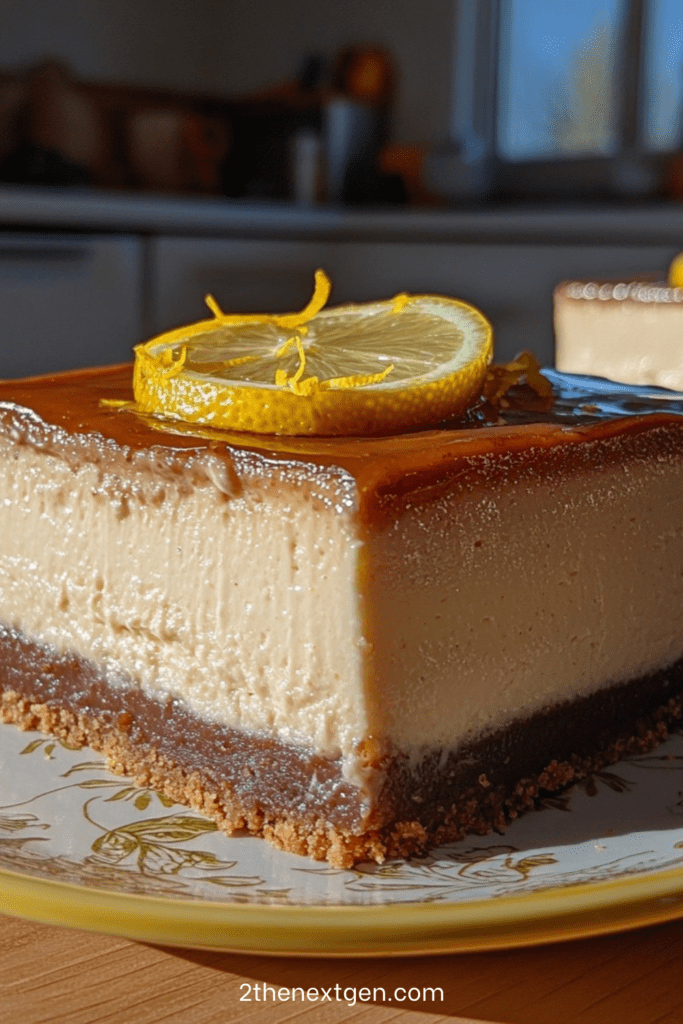 Sugar-free lemon cheesecake on a white plate with almond crust base, creamy smooth texture, topped with fresh lemon slices and zest, light and healthy dessert presentation