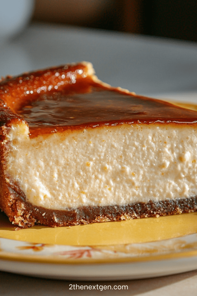 Light caramel skyr cheesecake on a cake stand with smooth creamy texture, biscuit crust base, glossy caramel topping spread evenly on top, elegant dessert presentation