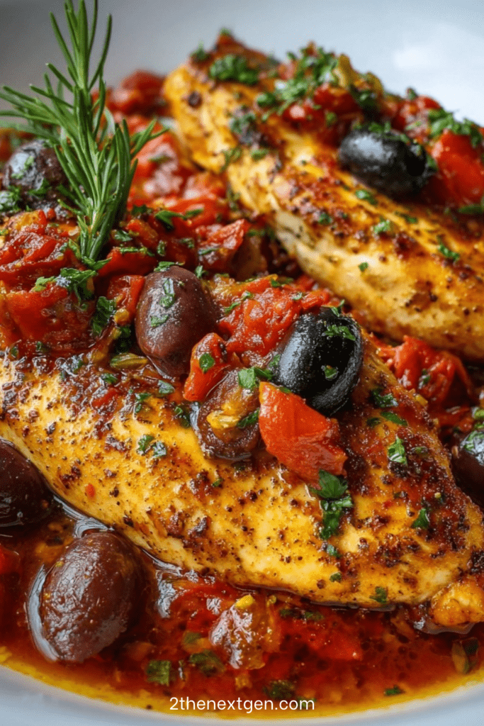 Golden pan-seared Provençal chicken breast simmered with chopped tomatoes, black olives, garlic and herbs de Provence in a rustic skillet