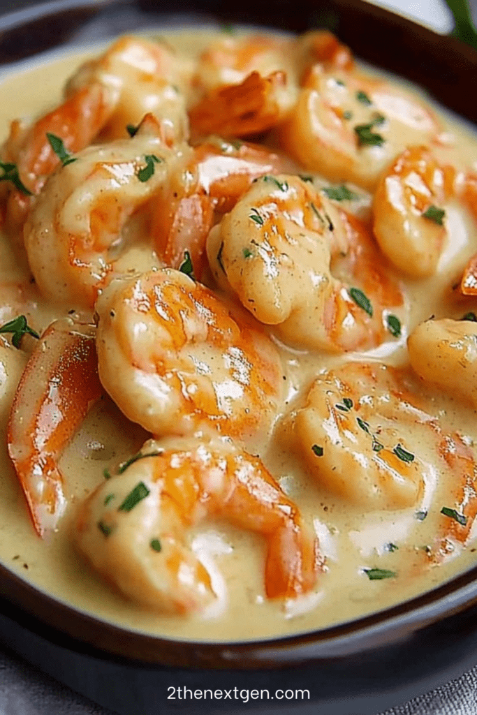 Golden shrimp simmered in creamy garlic and lemon sauce with fresh parsley in a skillet, served hot with a smooth and glossy texture