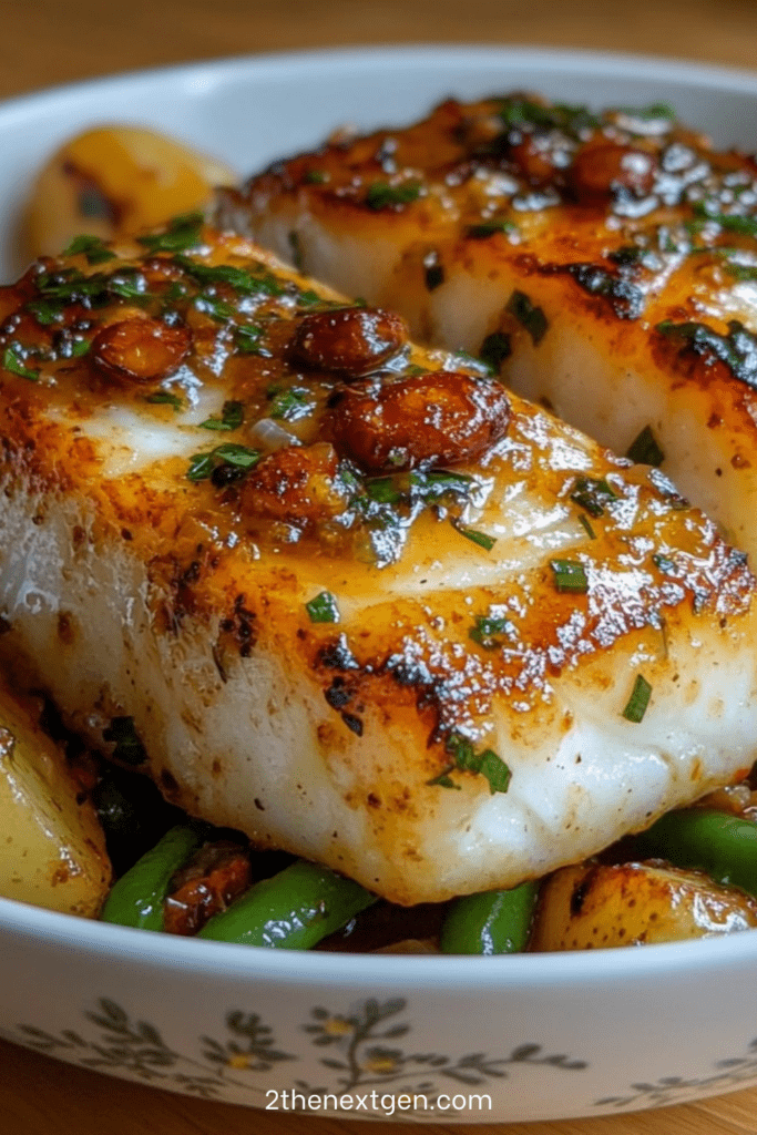 Pan-fried cod fillet with golden roasted baby potatoes, green beans and garlic parsley lemon sauce served on a plate