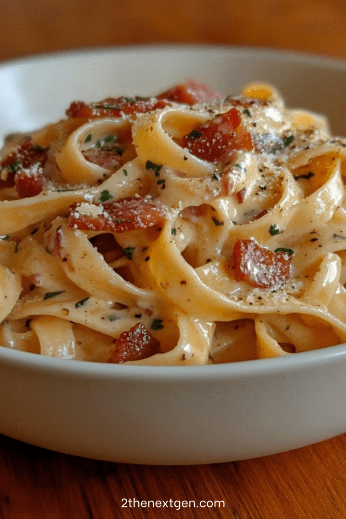 Creamy tagliatelle pasta coated in a melted cheese and cream sauce with crispy bacon, finished with black pepper and fresh parsley