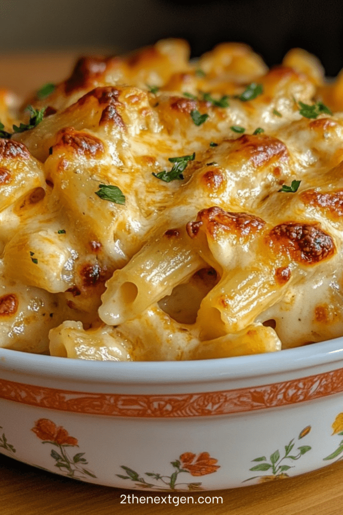 Ultra creamy cheese macaroni gratin baked until golden with melted cheese and parsley in a ceramic baking dish