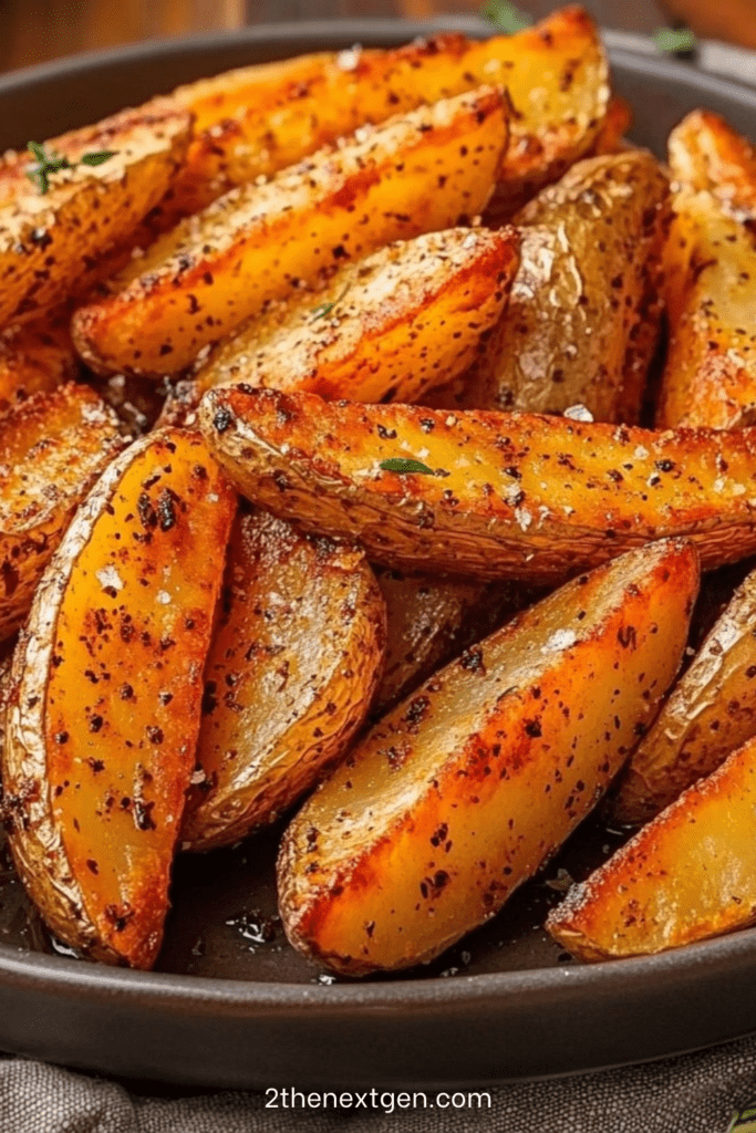 Oven Crispy roasted potato wedges seasoned with smoked paprika, garlic and herbs, golden and crispy on a baking tray
