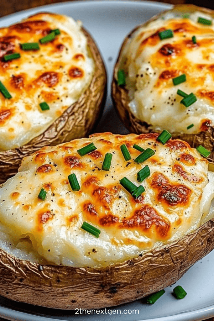Cheese stuffed potatoes au gratin with golden melted cheese topping and chives, baked until crispy and creamy inside