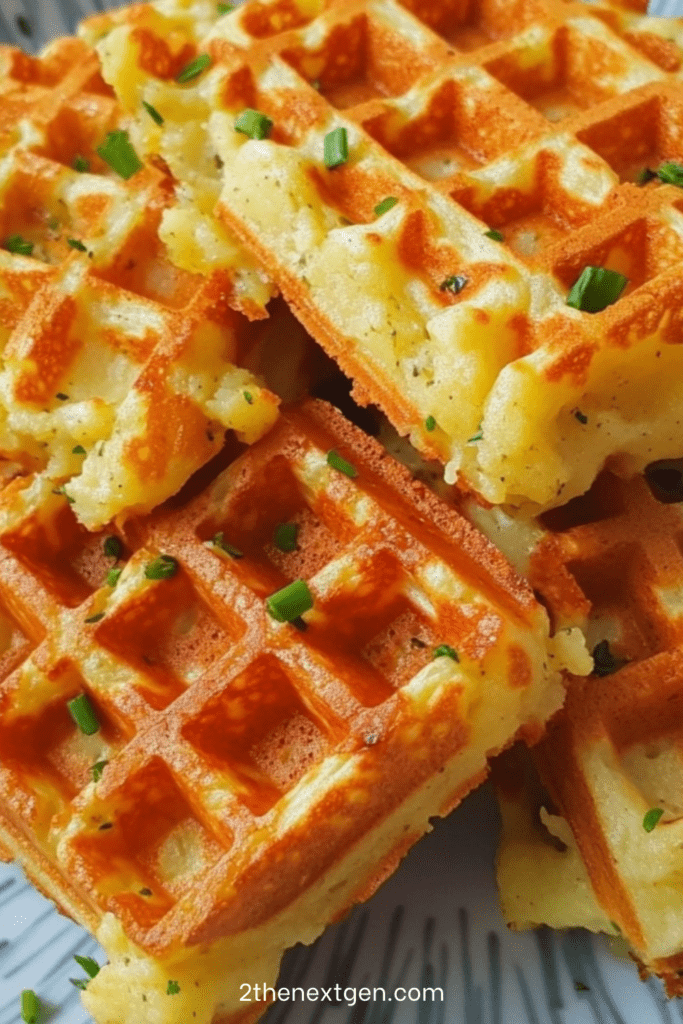 Golden savory potato waffles with melted cheese and fresh chives, cooked until crispy in a waffle iron