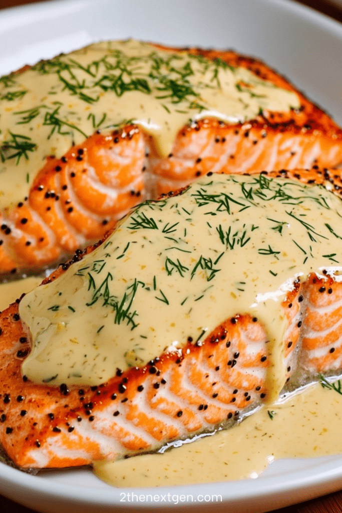 Roasted salmon steaks topped with creamy mustard and dill sauce, finished with lemon zest and fresh herbs in a skillet
