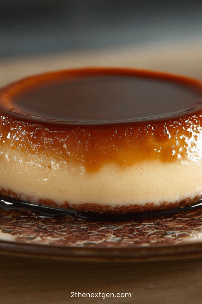 Ultra-creamy homemade caramel flan unmolded on a plate with glossy caramel sauce flowing around the smooth custard