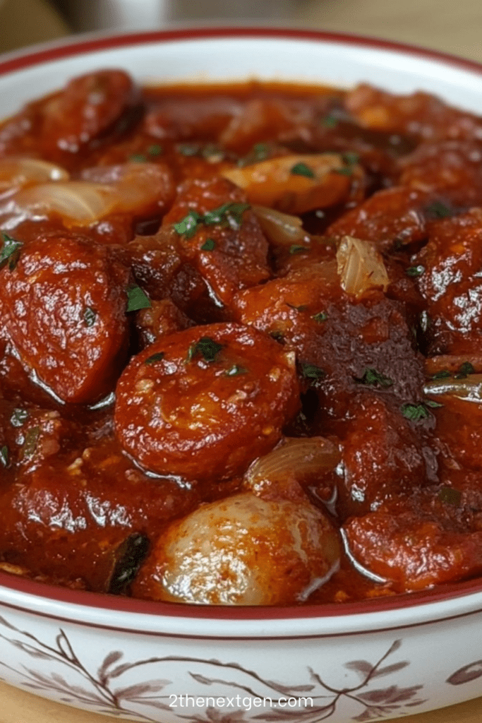Rustic chorizo, potato, and tomato stew simmered in a casserole with carrots, herbs, and paprika, served hot and hearty