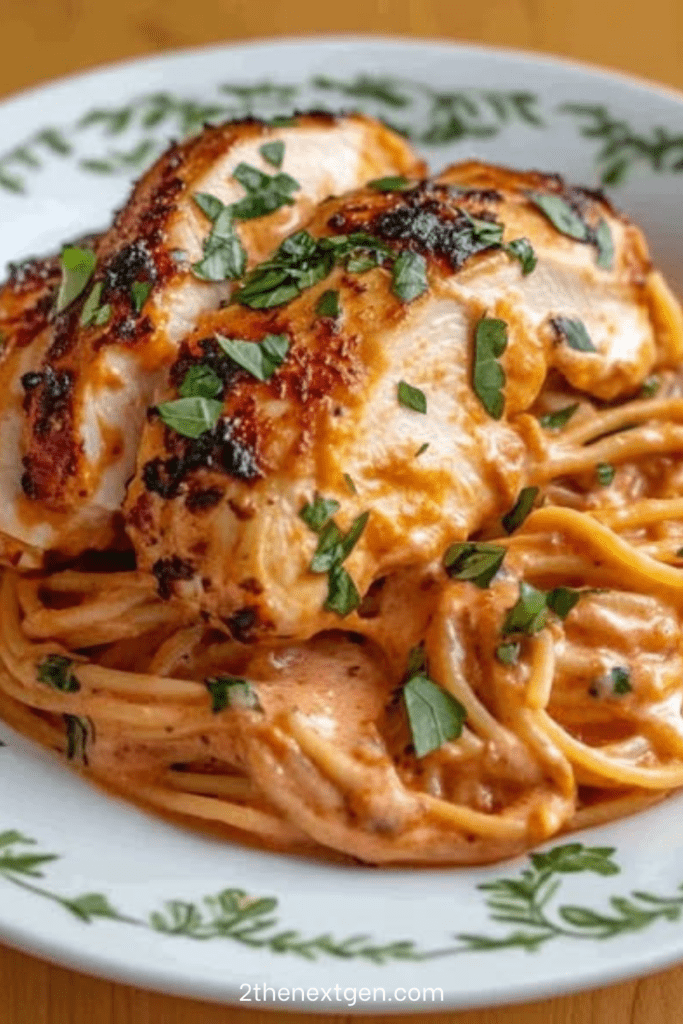 Spaghetti coated in a smooth tomato cream sauce topped with sliced roasted chicken breast and fresh parsley