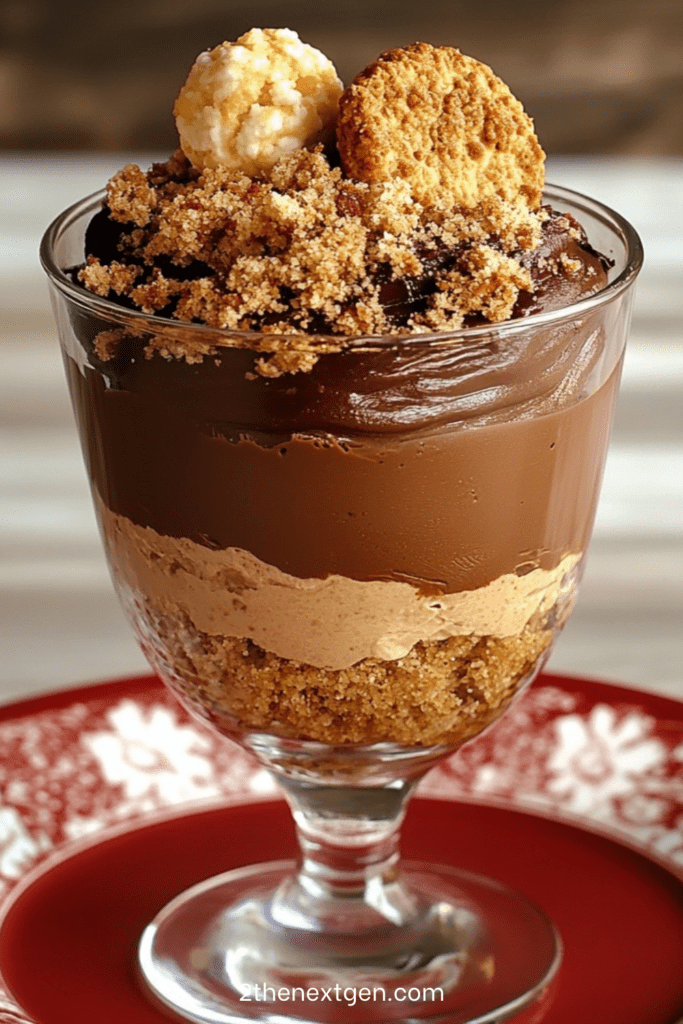 Layered chocolate mousse verrine with crunchy biscuit base and airy mousse, topped with crumbs and a mini meringue