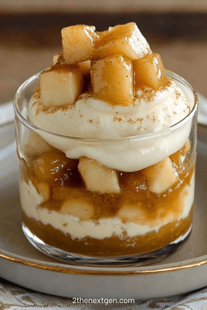 Layered verrine with caramelized apple and smooth vanilla cream, lightly dusted with cinnamon