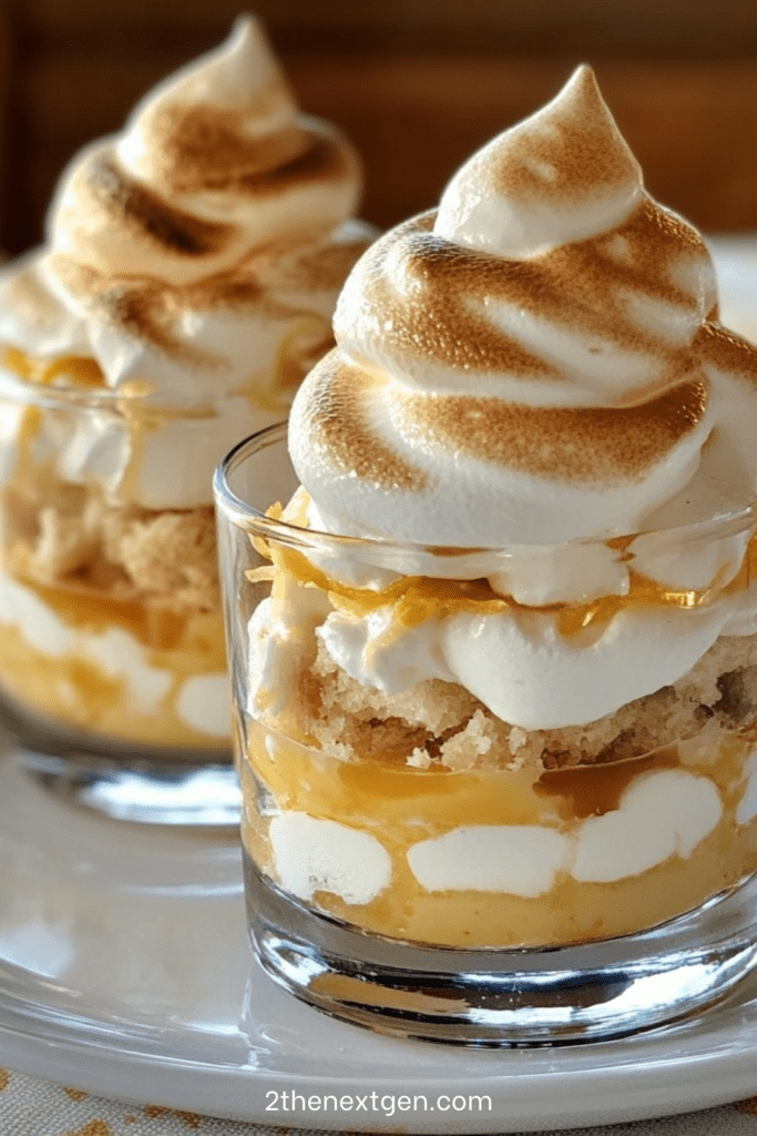 Layered lemon meringue verrine with silky lemon cream, crunchy shortbread crumbs, and golden toasted meringue