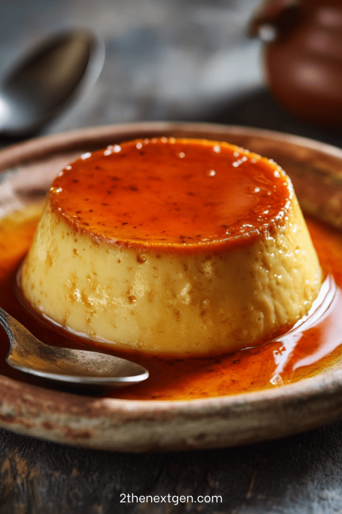 Baked egg custard with brown sugar, smooth and creamy texture, served chilled in a rustic dish