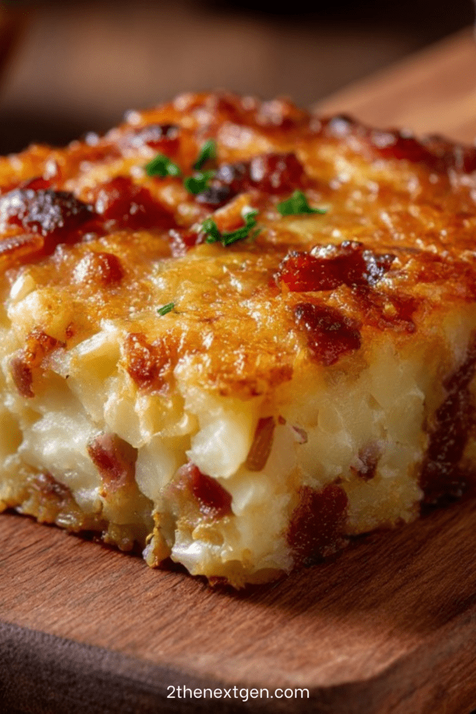Savory potato cake with bacon and melted cheese, golden brown on top and sliced into rustic portions
