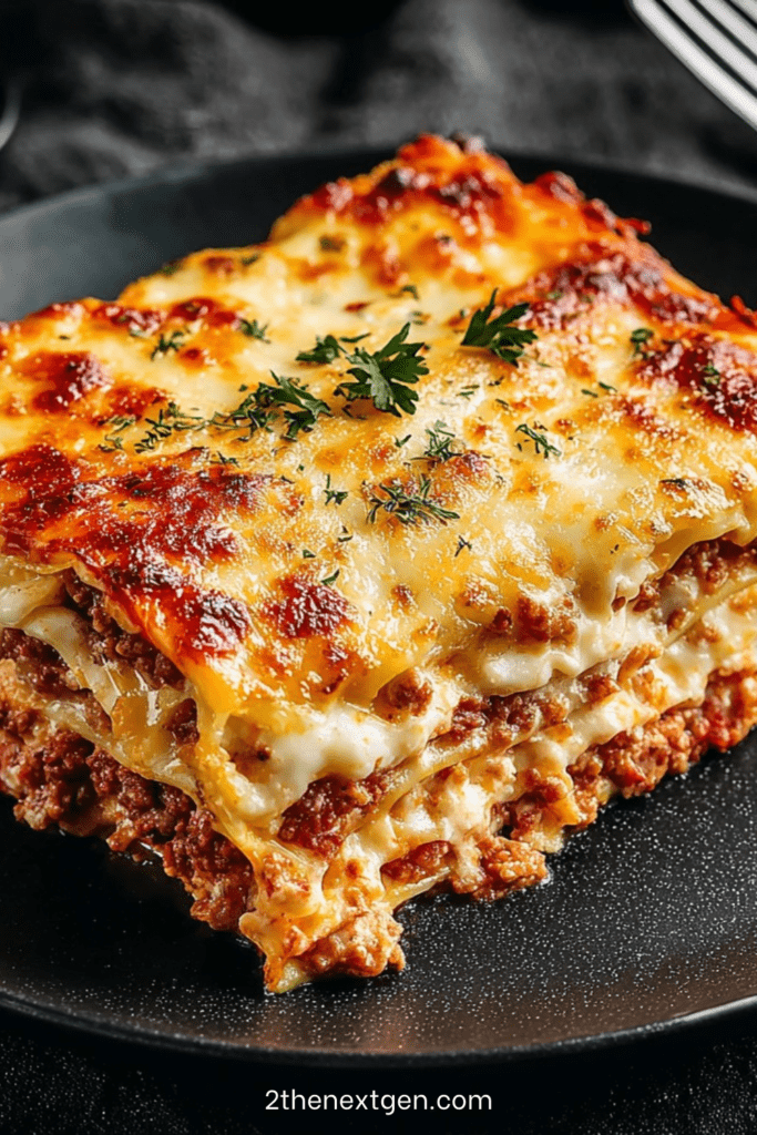 Homemade family beef lasagna with creamy béchamel sauce and golden cheese gratin, sliced and served hot