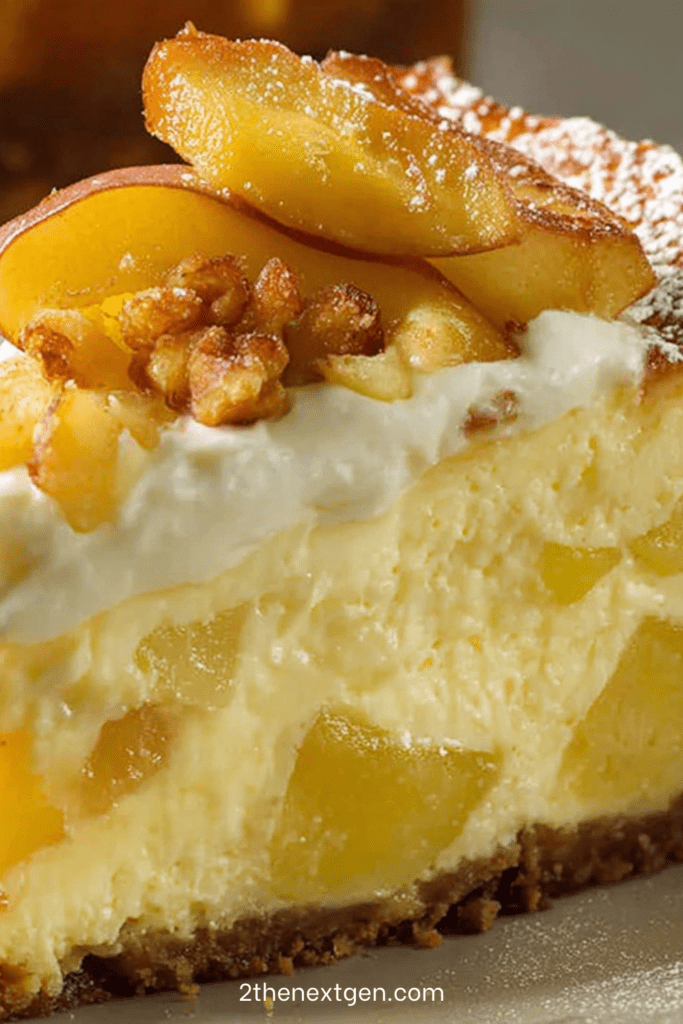 Creamy cheesecake topped with caramelized apples and crushed walnuts, served chilled and dusted with powdered sugar