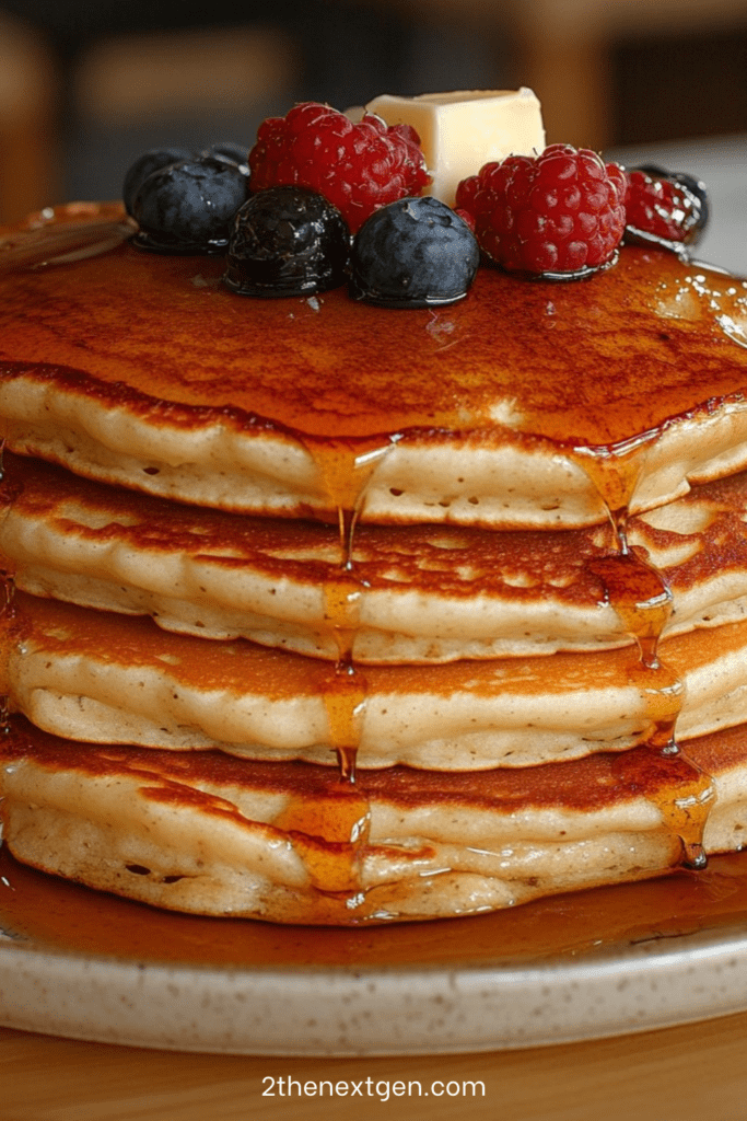 Stack of thick fluffy pancakes topped with maple syrup, blueberries, raspberries, and a melting cube of butter