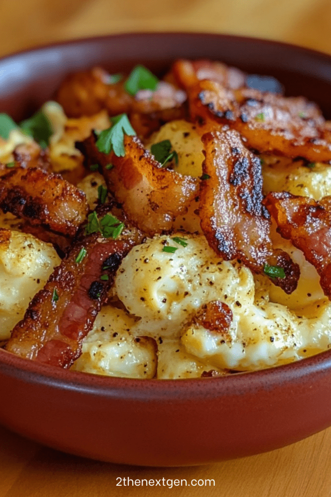 Creamy macaroni and cheese topped with crispy bacon pieces, melted cheddar and parsley in a rustic bowl