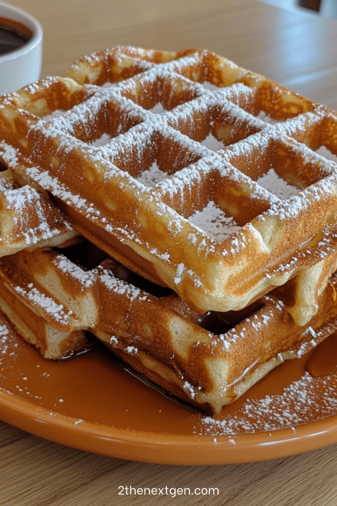 Golden homemade waffles with a crispy exterior and soft center, served with powdered sugar and maple syrup