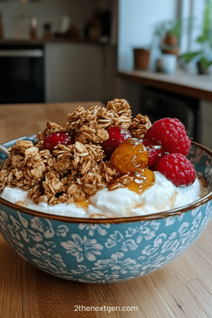 Greek yogurt bowl topped with crunchy granola, fresh raspberries, honey drizzle, and seeds