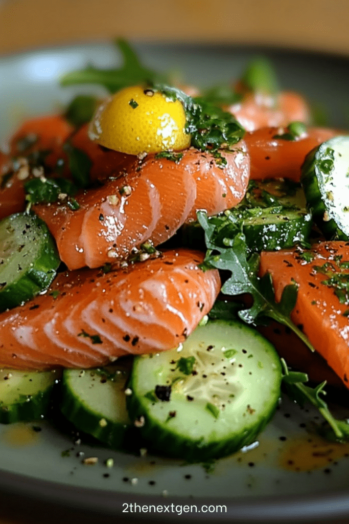 Fresh salad with lemon-marinated salmon cubes, crunchy cucumber slices, arugula, and fresh herbs