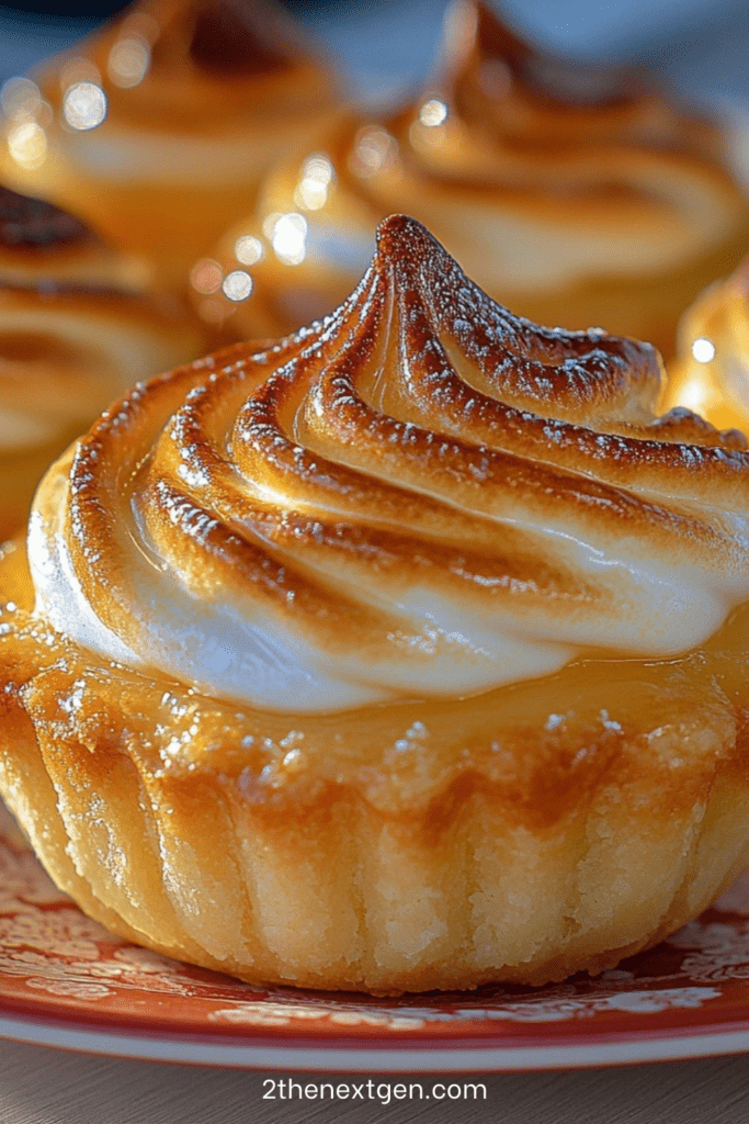 Homemade lemon meringue tartlets with golden toasted meringue and glossy lemon filling in buttery pastry shells