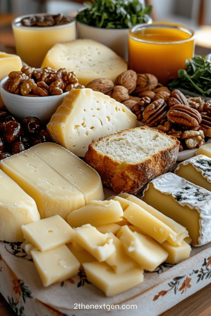 Rustic cheese and nut platter with assorted cheeses, nuts, fresh cherries, country bread, honey, and microgreens arranged on a wooden board