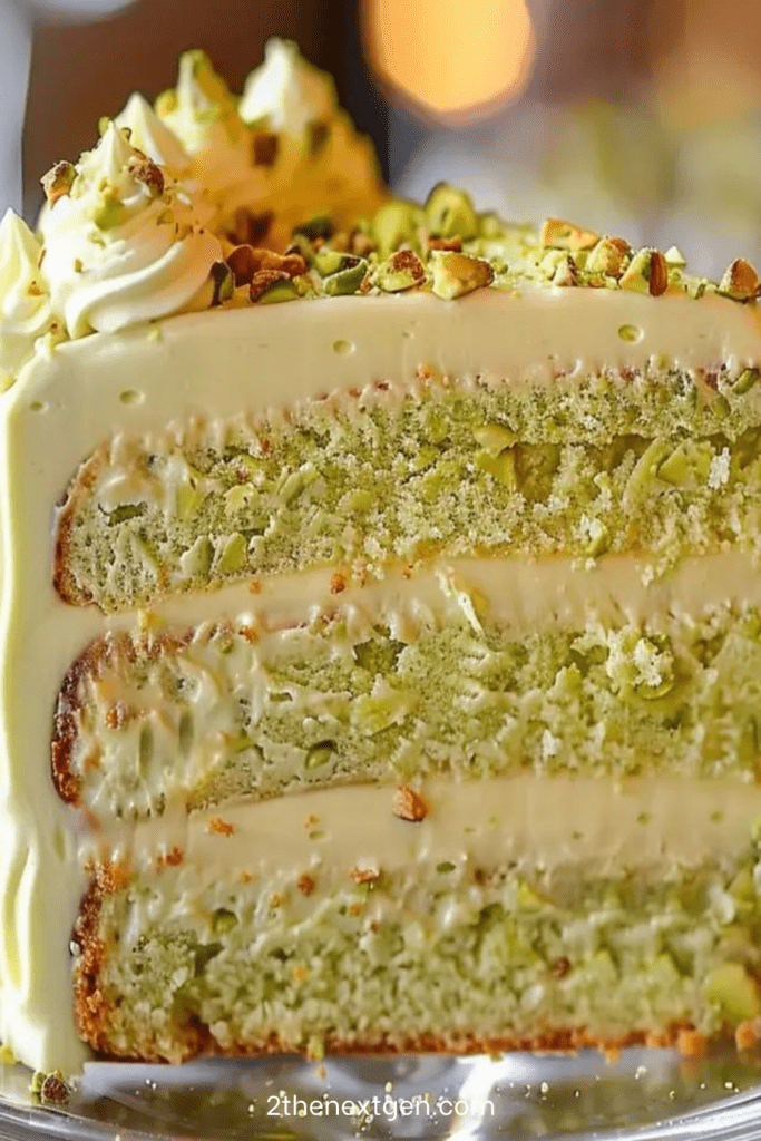 Three-layer white chocolate pistachio cake with creamy frosting, piped swirls, chopped pistachios, and white chocolate drizzle