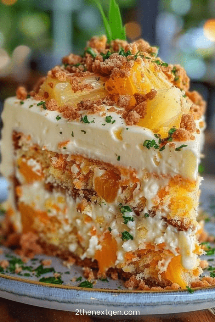 Pineapple cream crumb cake with vanilla layers, cream cheese filling, pineapple pieces, and golden crumble topping on a serving plate