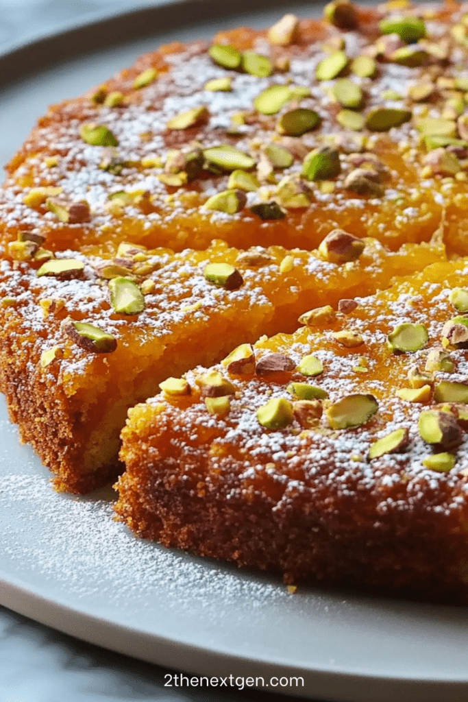 Golden pistachio semolina syrup cake topped with chopped pistachios and powdered sugar, sliced to reveal a moist glossy interior