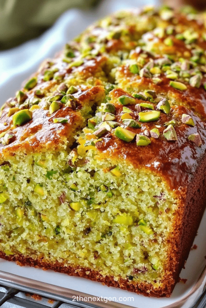 Ultra moist pistachio loaf cake with a glossy honey citrus glaze and chopped pistachios, sliced to show a tender green-speckled crumb