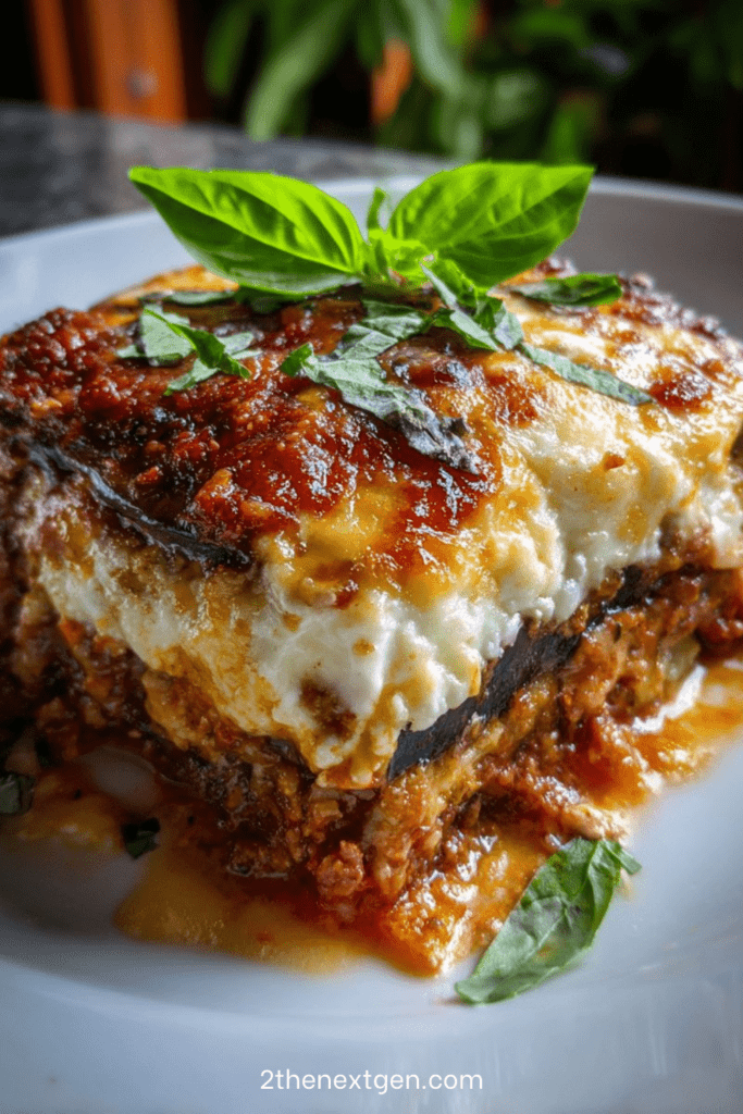 Classic beef lasagna with thick meat sauce, creamy béchamel layers, and golden melted cheese on top, sliced into generous portions