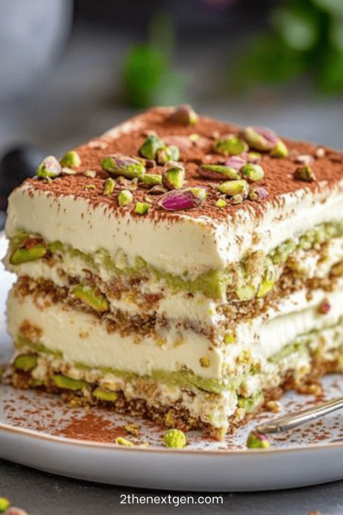 No-bake pistachio tiramisu with creamy mascarpone layers, pistachio cream, cocoa powder, and chopped pistachios on top