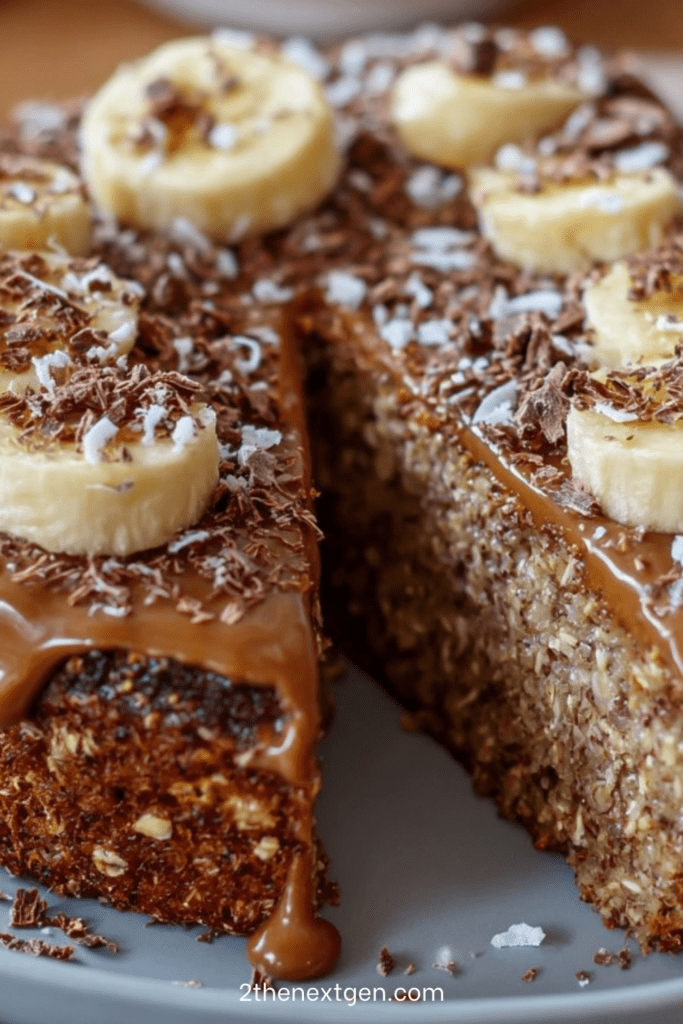 Healthy oat banana cocoa cake topped with sliced banana and dark chocolate shavings, showing a moist chocolate crumb